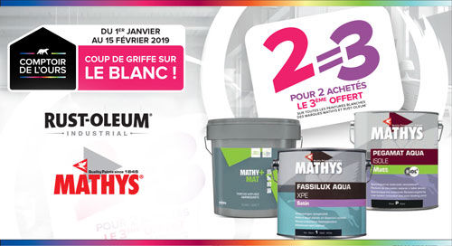 Promo sur les pots de peinture blanche Mathys ou Rust-Oleum Promo sur les pots de peinture blanche Mathys ou Rust-Oleum